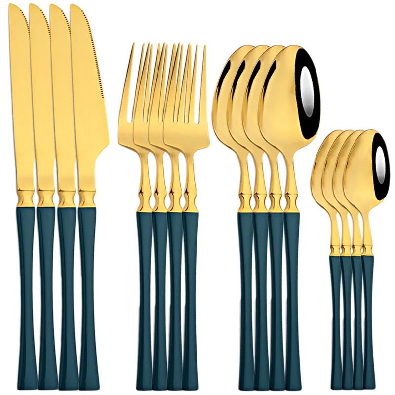 16Pcs Cutlery Set Stainless Steel Golden Dinnerware Western Silverware Set Mirror Flatware Western Dinning Kitchen Tableware