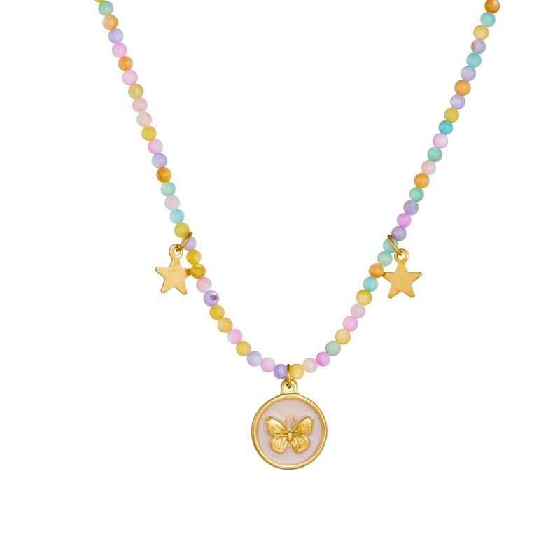 Gold Plated Stainless Steel Colorful Beaded Choker Necklace with Butterfly Star Charms for Women