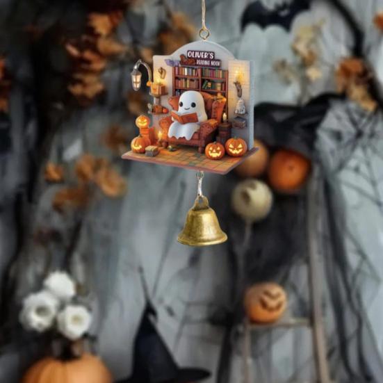 Ghost Reading Book Halloween Ornament 2D Flat Ghost In Reading Nook Hanging Decoration with Bell Window Hanging Wind Chime for Home Decor