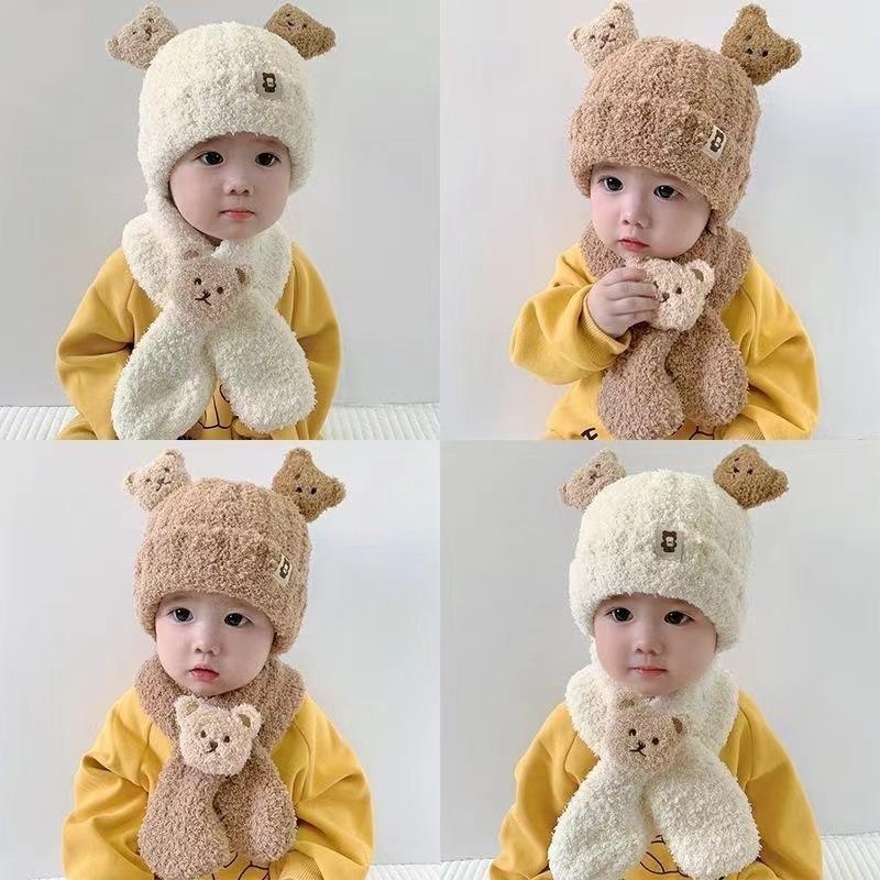 Autumn and Winter Baby Plush Hat and Scarf Set Cute Bear Infant and Toddler Thickened Plus Velvet Warm Windproof Ear Protection Hat