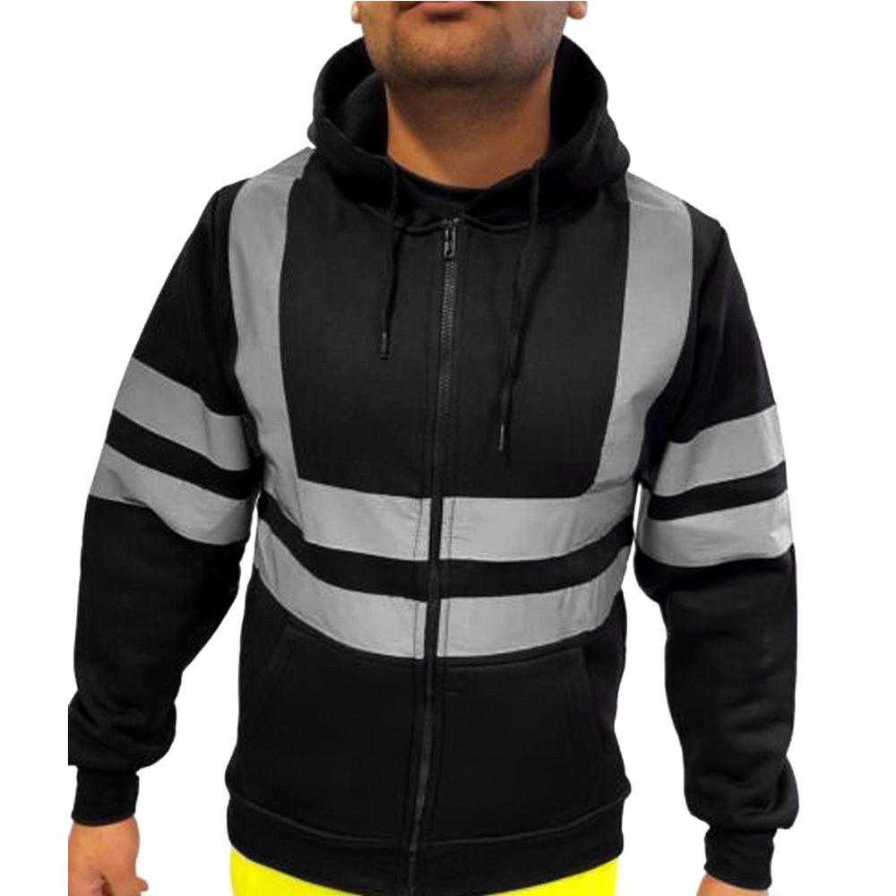 Fleece-lined Outdoor Sanitation Workwear Men's High Visibility Reflective Strip Zipper Hooded Sweatshirts