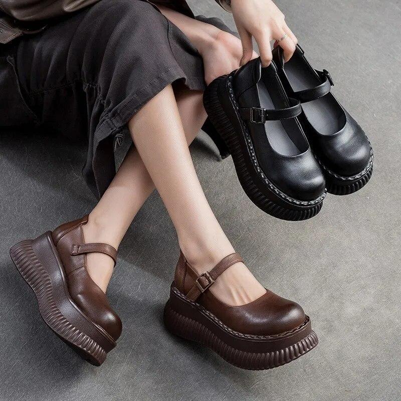 Johnature Scarpe Mary Janes Scarpe con plateau piatte in vera pelle Sandali con altezza della suola spessa con fibbia