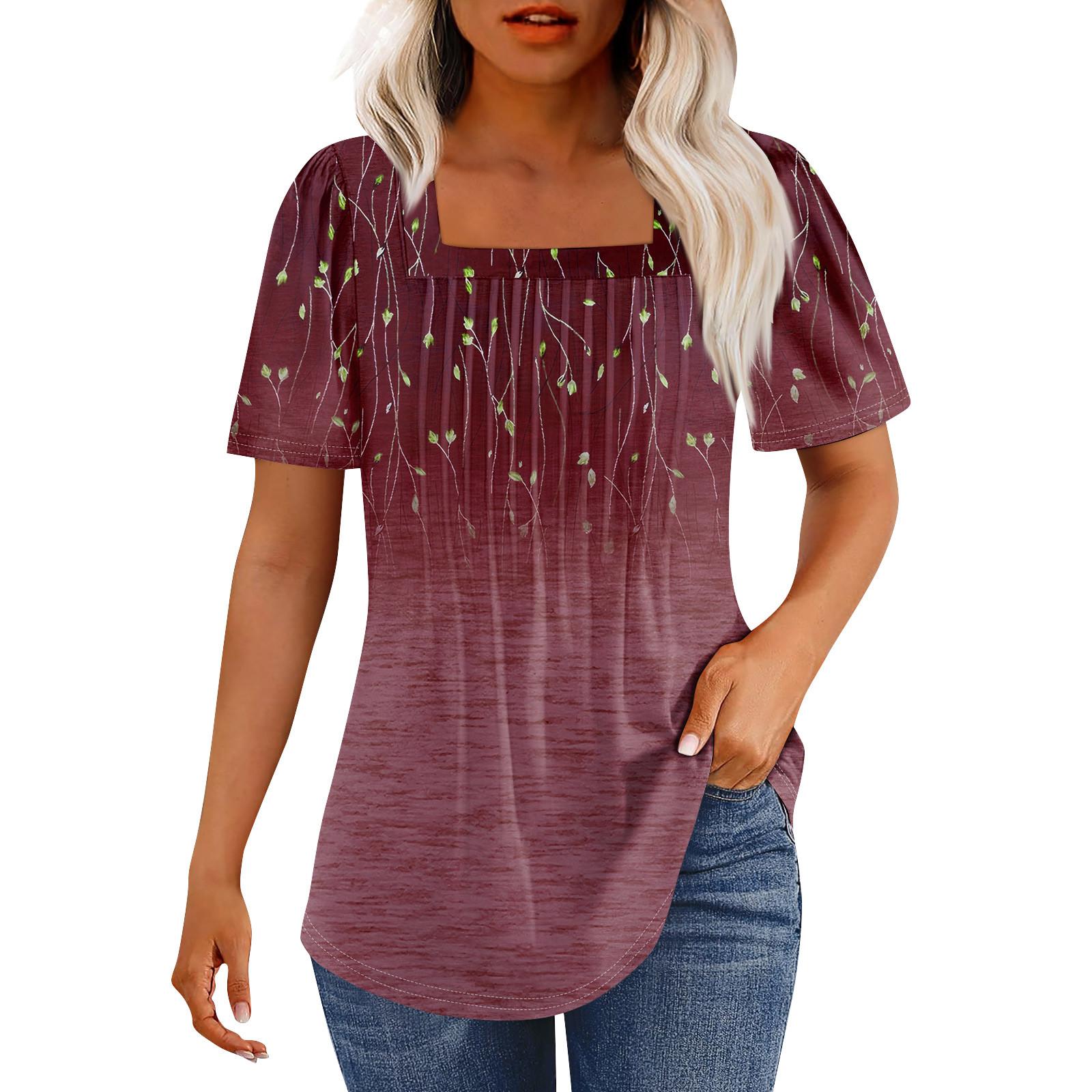 

Жіночі футболки плісировані з квадратним вирізом Одягнені повсякденні блузки з принтом з короткими рукавами Літні топи вільного крою L винний