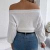 Womens Knitted Sweaters Off-Shoulder Puff Long Sleeve Chunky Knit Pullover Jumpers Rib Slim Fit Solid Knitwear Tops
