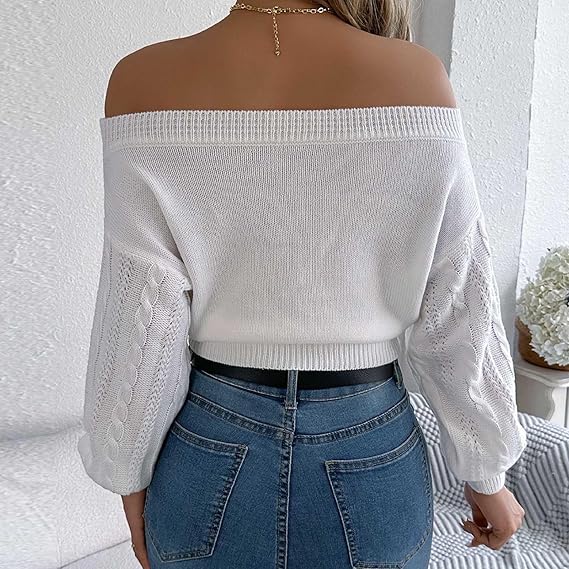 Womens Knitted Sweaters Off-Shoulder Puff Long Sleeve Chunky Knit Pullover Jumpers Rib Slim Fit Solid Knitwear Tops