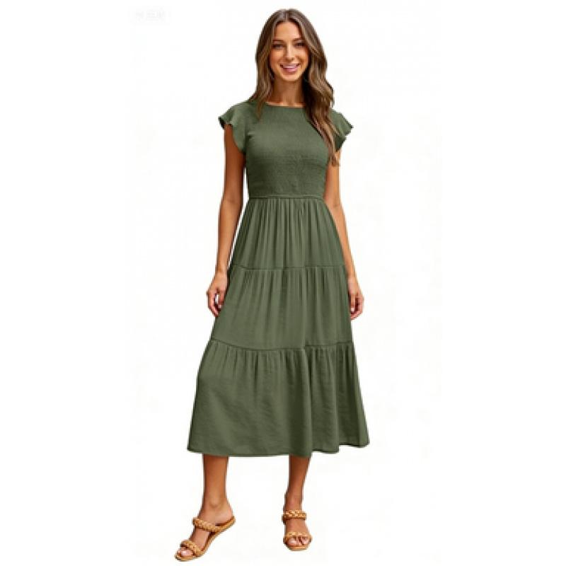 Women's Flying Sleeve Pleated Layered Short Sleeve Large-Swing Dress