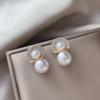White Faux Pearl Stud Earrings with Semicircle Zirconia Crystal Top Lightweight Silver Needle Bridal Earrings for Brides Bridesmaids Wedding Party