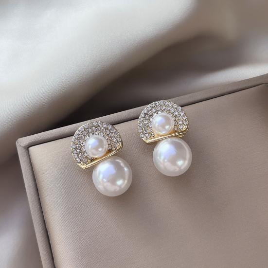 White Faux Pearl Stud Earrings with Semicircle Zirconia Crystal Top Lightweight Silver Needle Bridal Earrings for Brides Bridesmaids Wedding Party