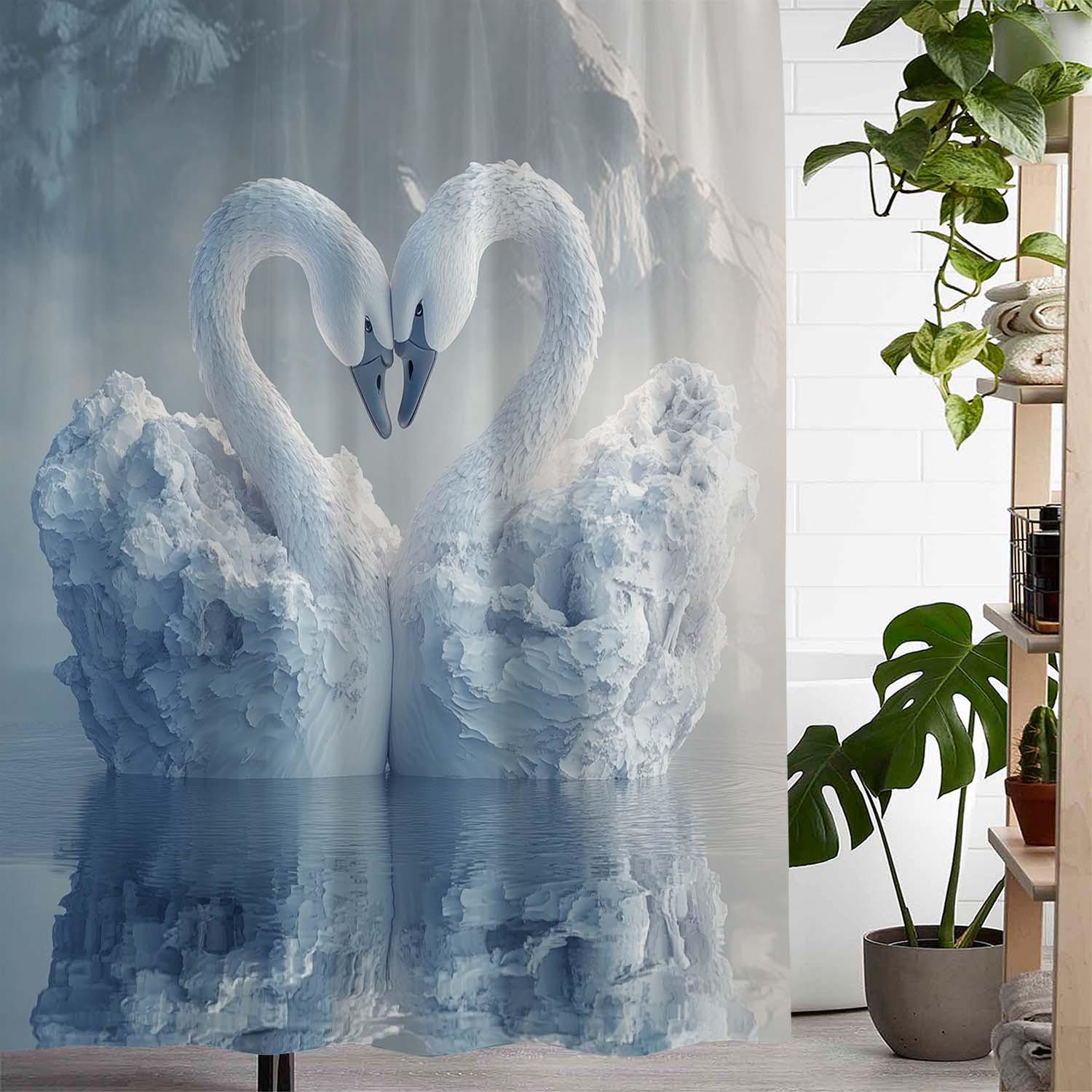 

Romantic Valentine S Day White Swan Print Shower Curtain, Window Curtain With 12 Hooks Curtain For Windows W60H190(CM)-1 Pcs