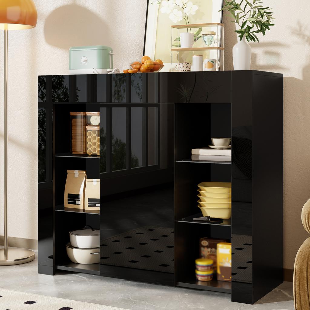 Modern Black Sideboard with High-Gloss Front – Storage with Glass Shelves and Cabinet Door for Living Room, Dining Room or Kitchen – 95x35x83 Cm