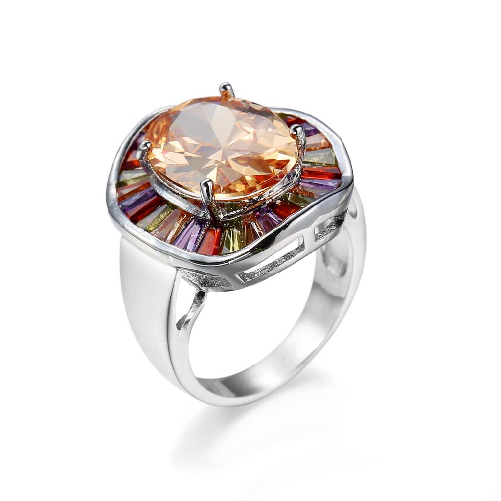 Colorful Zircon Ring: European & American Fashion, Champagne Shine, Luxury Full-Diamond Design, Eye-Catching Statement Jewelry for Women.