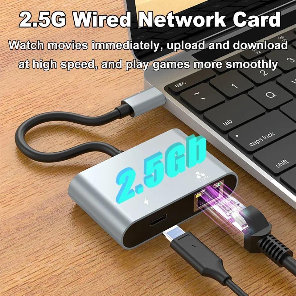 2500Mbps Network Card Type C To Ethernet Adapter 2.5G Gigabit LAN Adapter Support PD 100W Charging for Notebook Tablets Mac Book
