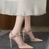 Spring and Autumn New Rivet One Word Buckle High Heels Temperament Pointed Toe Stiletto Heel Bag Heel Sandals Women
