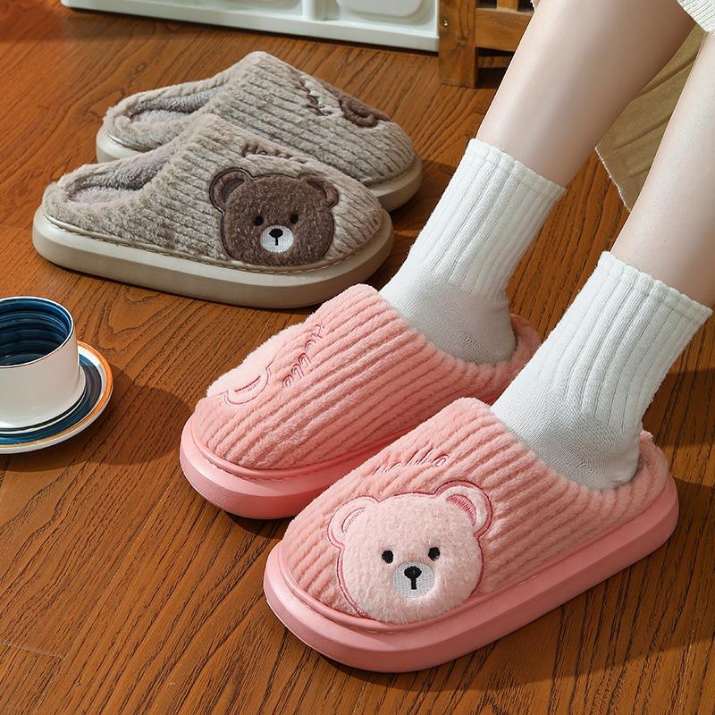 Thick-bottomed cotton slippers New cartoon bear plush cotton drag couple autumn and winter home hair slippers women
