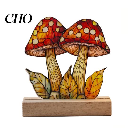 Window Sill Decorative Piece Desktop Decoration Ornaments with Solid Wood Base, Acrylic Stained Waterproof Glass Style Double Sided Suncatcher, B
