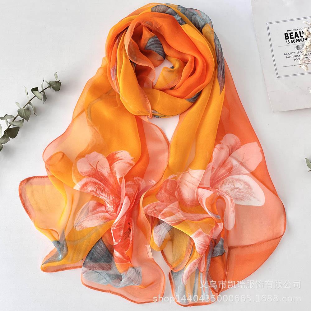 Neuer Sonnenschutz Langer Seidenschal Mohnblume Dünne Imitationsseide Frühling und Sommer Georgette Dekoration Damen Bedruckter Schal