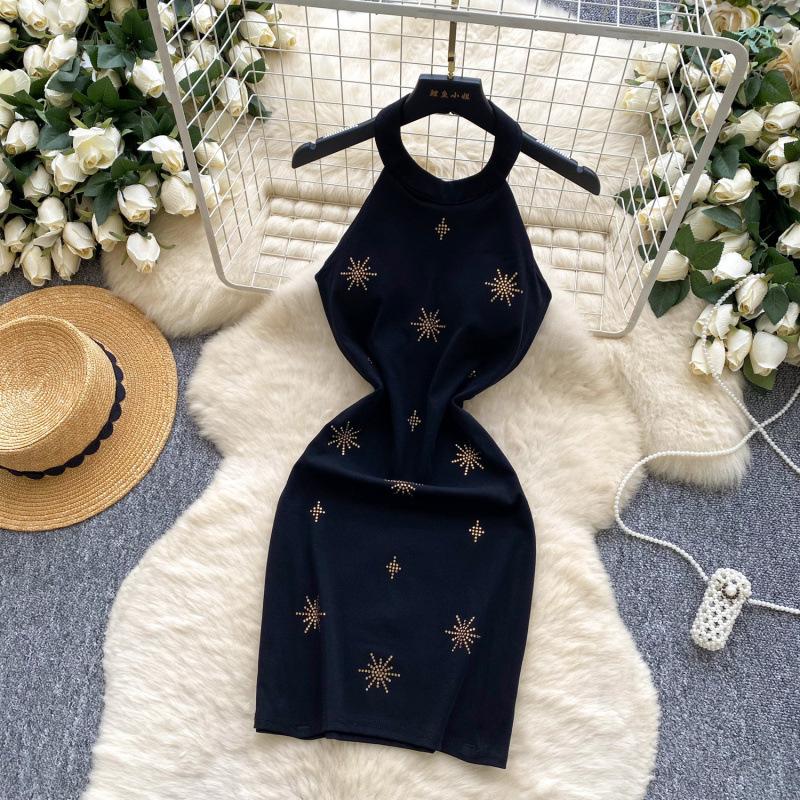 Pure Desire Sexy Heavy Industry Fireworks Hot Diamond Neck Sleeveless Dress Women's Autumn Slim and Thin Hip Skirt
