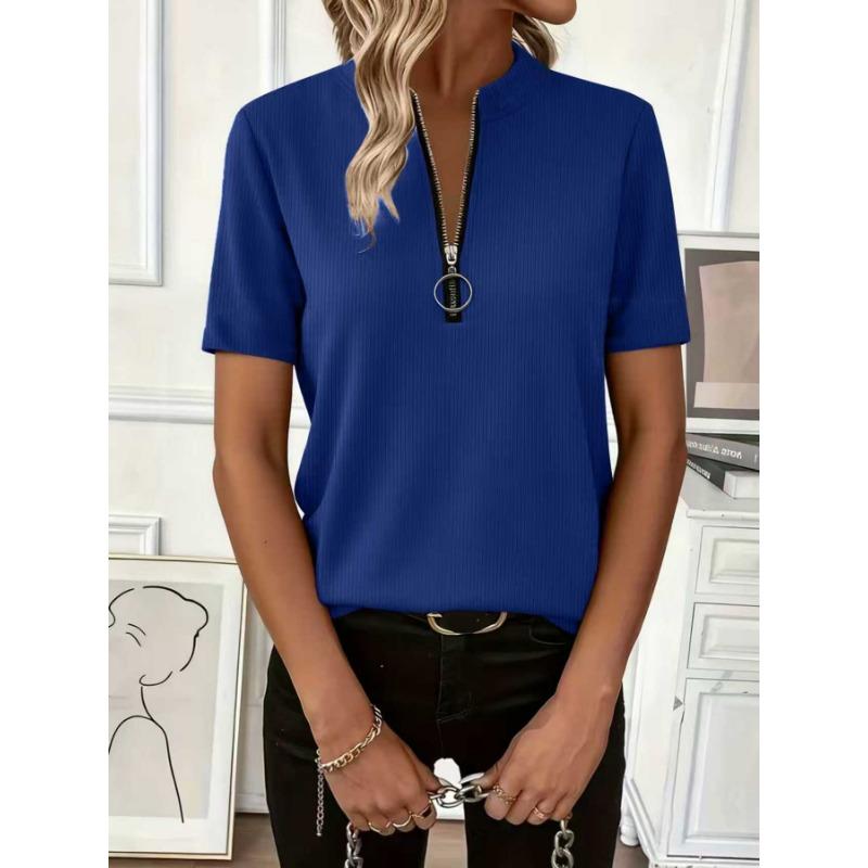 Womens Ribbed Knit Half Zip T Shirt With Stand Collar Short Sleeve Casual Slim Fit Top