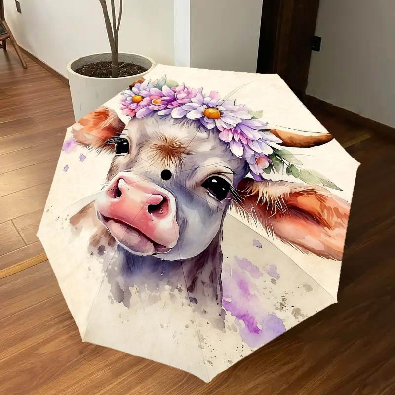 1pc cow, floral Automatic Open/Close Umbrella Compact Folding Umbrella with 8-Rib Shaft for Women/Men, Elegant Birthday1324S