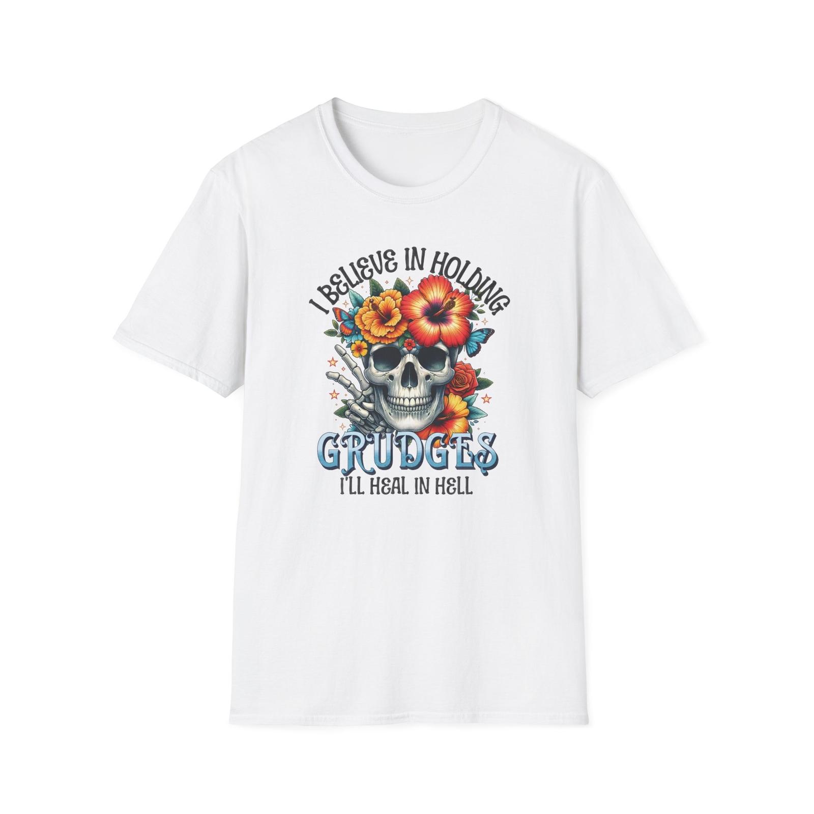 Colorful Skull T-Shirt, I Believe in Holding Grudges, Floral Gothic Tee S разноцветный