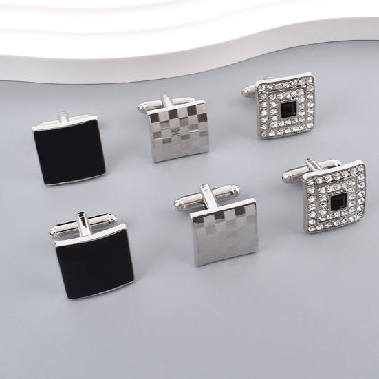 1 Pair Men Cufflinks Polished Smooth Surface Rhinestones Inlaid Rectangle Round Twist Shape Suit Shirt Cufflinks Button Replacement Accessories