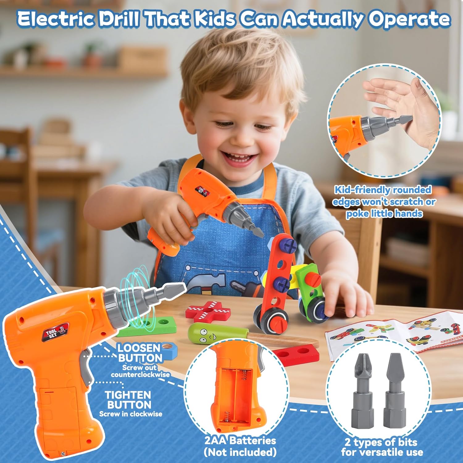 Kids Tool Set with Drill, Educational Montessori Toys for 3 Year Old Boys 44 Pcs STEM Kids Toys Wooden Toddler Tool Set with Apron & Box Christmas