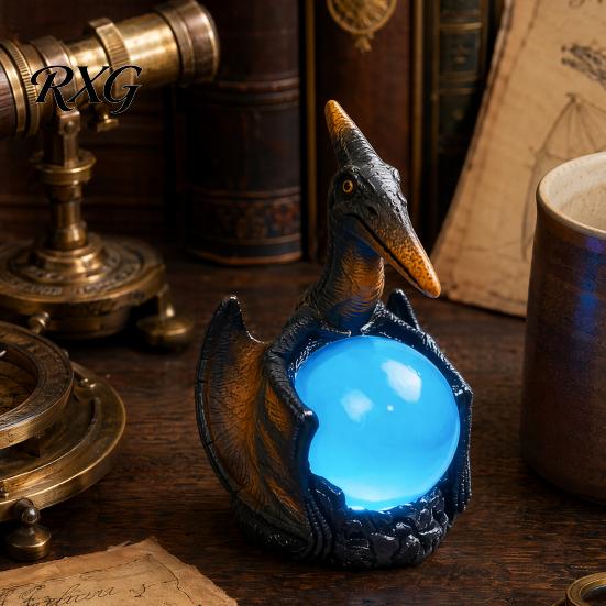 Hand-painted Dragon Lamp Pterosaur Night Light, Resin Gothic Table with Glowing Faux Crystal Bedroom Lighting Ball, Fantasy Desk Decor for Office,