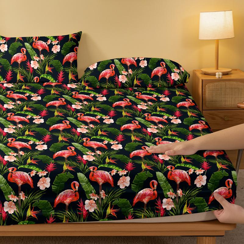 1Pcs Flamingo Banana Pattern Brushed Fitted Sheet, Printed Bed Cover For Bedroom, Bedding (Excluding Pillowcases)