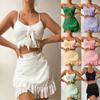 Maillot de bain trois pièces pour femme Couleur unie Volant Lacets Taille haute Bikini sexy Maillot de bain deux pièces Vêtements de plage