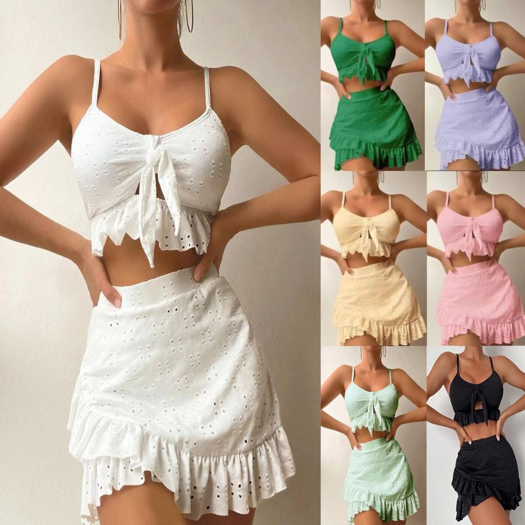 Maillot de bain trois pièces pour femme Couleur unie Volant Lacets Taille haute Bikini sexy Maillot de bain deux pièces Vêtements de plage