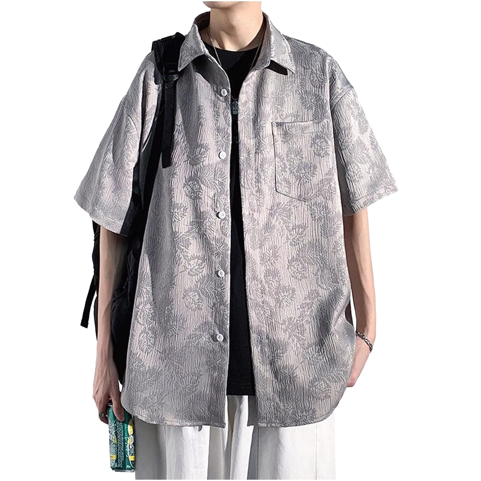 

Print Short Loose Plus Korean Street Summer Soft to the Japanese Front Longer Slightly Slim Mode X-cross Men s All-Over Shirt, Sleeve, Stylish, серый