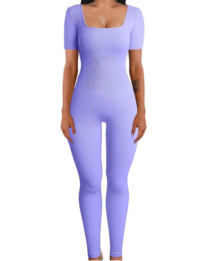 Women's Ribbed Square Neck Yoga Jumpsuit with Hip Lifting Slim Fit, Long/Short Sleeve