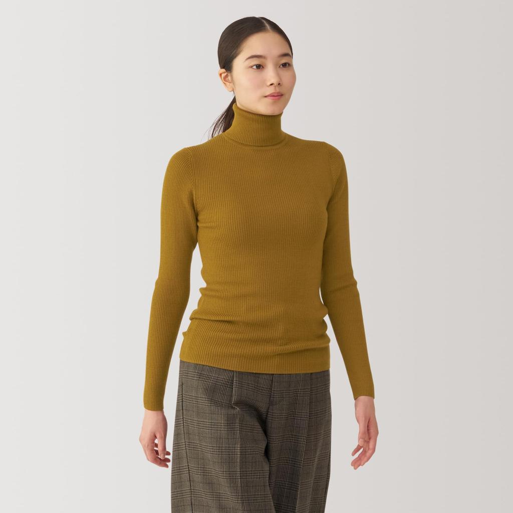 MUJI Washable Wool Rib Turtleneck Size XS Women's High-Gauge Sweater, BA1OXA4A, Mustard,