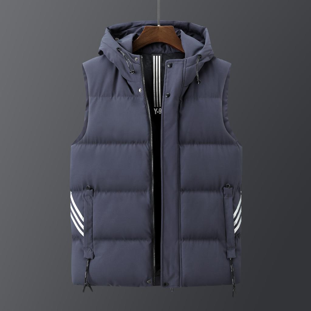 Men's Winter Washed Cotton Vest Large Size Slim Fit Hooded Vest Youth Three Stripes Versatile Sleeveless Jacket