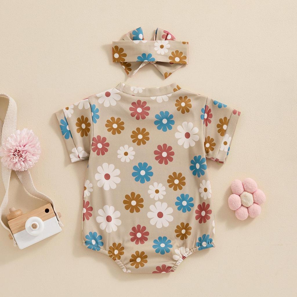 Baby Girls Summer Casual Romper 3 6 12 18 Months Short Sleeve O Neck Floral Print Romper with Headband