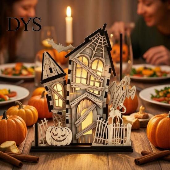 Immersive Lighted Holiday Figurine 3D Halloween Village Haunted House Figurine, Spooky Light Up Wooden Castle Ornament Festival Interior Furnishing