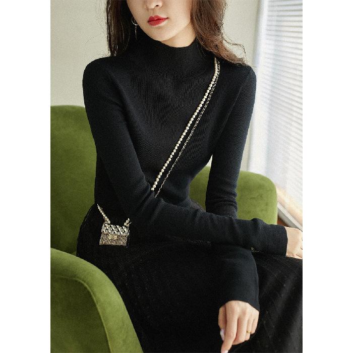 2024 Nové podzimní a zimní topy Pletené dámské tričko s dlouhým rukávem a polovičním rolákem Velká velikost Korejský styl Spodní tričko Jednobarevný svetr