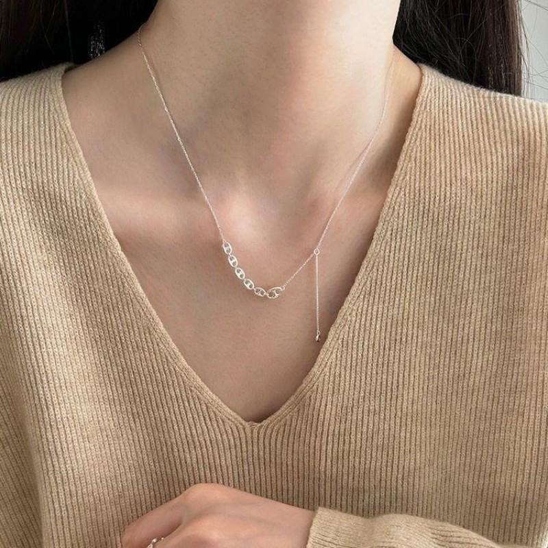 Pig nose chain fringed necklace women's versatile simple fashion fringed round flash zirconium collarbone chain