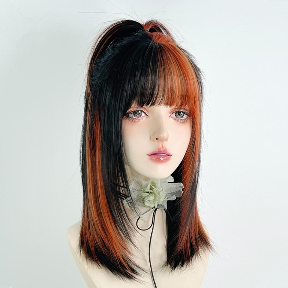 Synthetic Short Straight Hair Black Dirty Orange Bangs Highlight Dyed Wigs Lolita Cosplay Hair Wig For Women Y2K Daily Color Pun