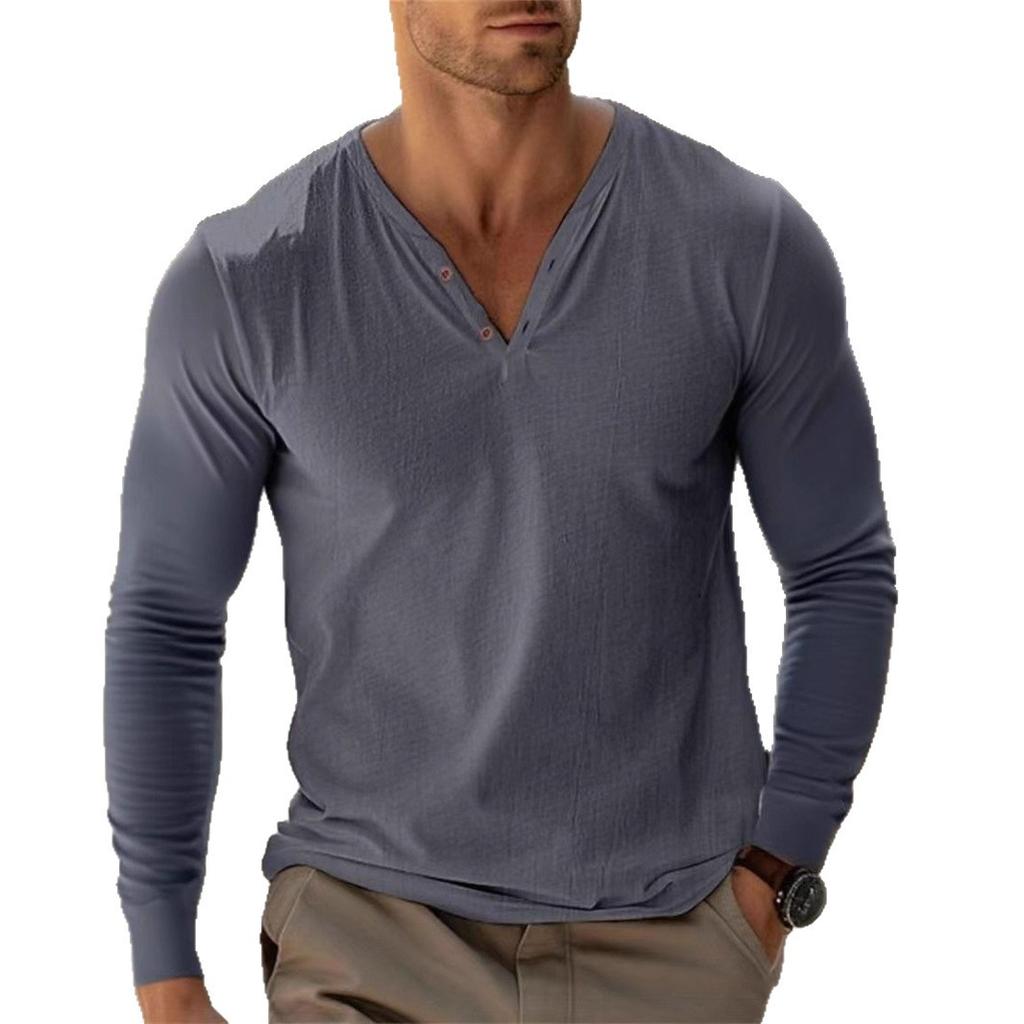 Muscle Fitness Herren Frühling und Herbst Sportlich Lässig Laufen Atmungsaktiv Schweißabsorbierend Stretch Langarm Knopf V-Ausschnitt T-Shirt