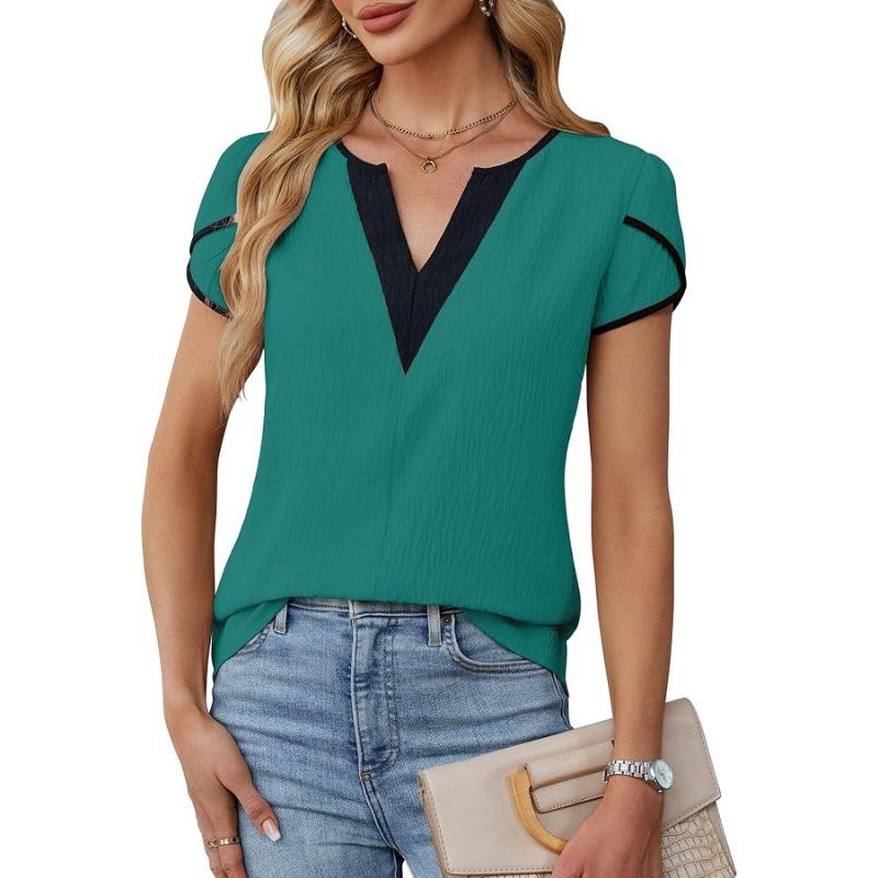 

Летняя мода Цветной блок V-образный вырез Топ с короткими рукавами в виде лепестков Женские блузки и рубашки XXL