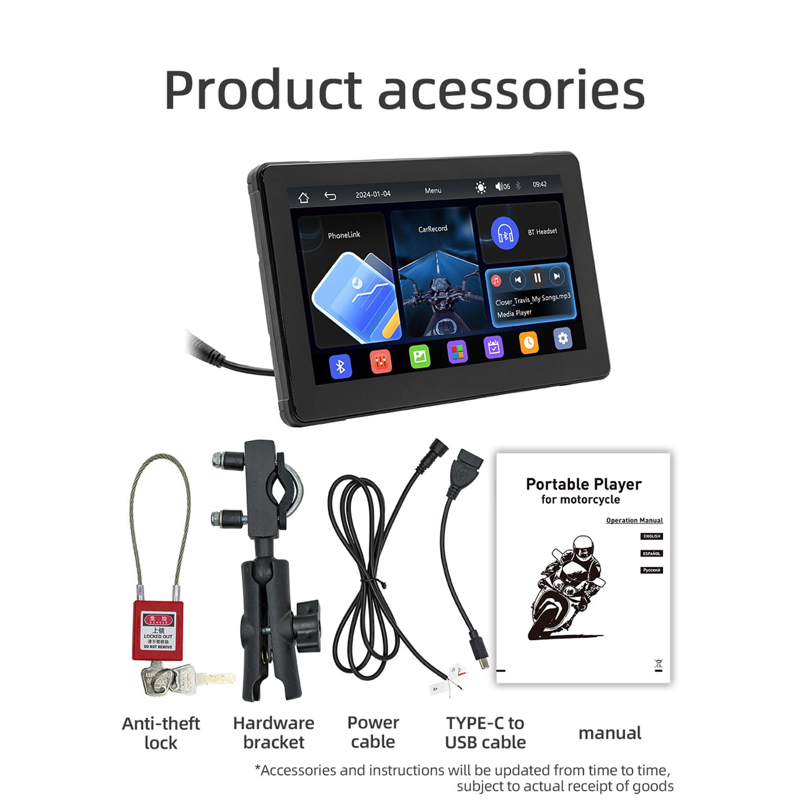 

7-дюймовый портативный мотоцикл CarPlay Android Auto 2.5D IPS экран двойной Bluetooth мотоциклетный экран IP65 водонепроницаемый чёрный