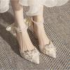 Spring and Autumn New Butterfly Bow Hollow High Heels Style Pearl Chain Pointed Princess Shoes Versatile Single Shoes for Women