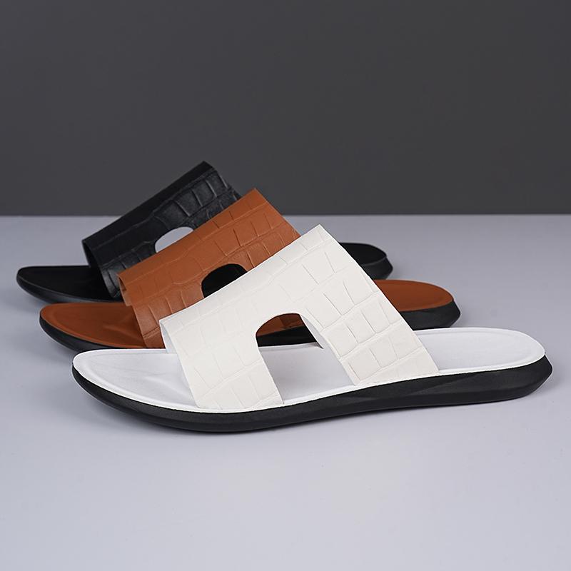 Men Black Leather Slippers Flats Summer Brown Sandals Outdoor White Wide Head Beach Shoes for Father Over Sized 46 47 48
