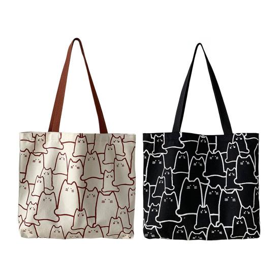 Women Canvas Bag Cat Pattern Zipper Design Tote Bag Large Capacity Japanese Style Lightweight Shoulder Bag