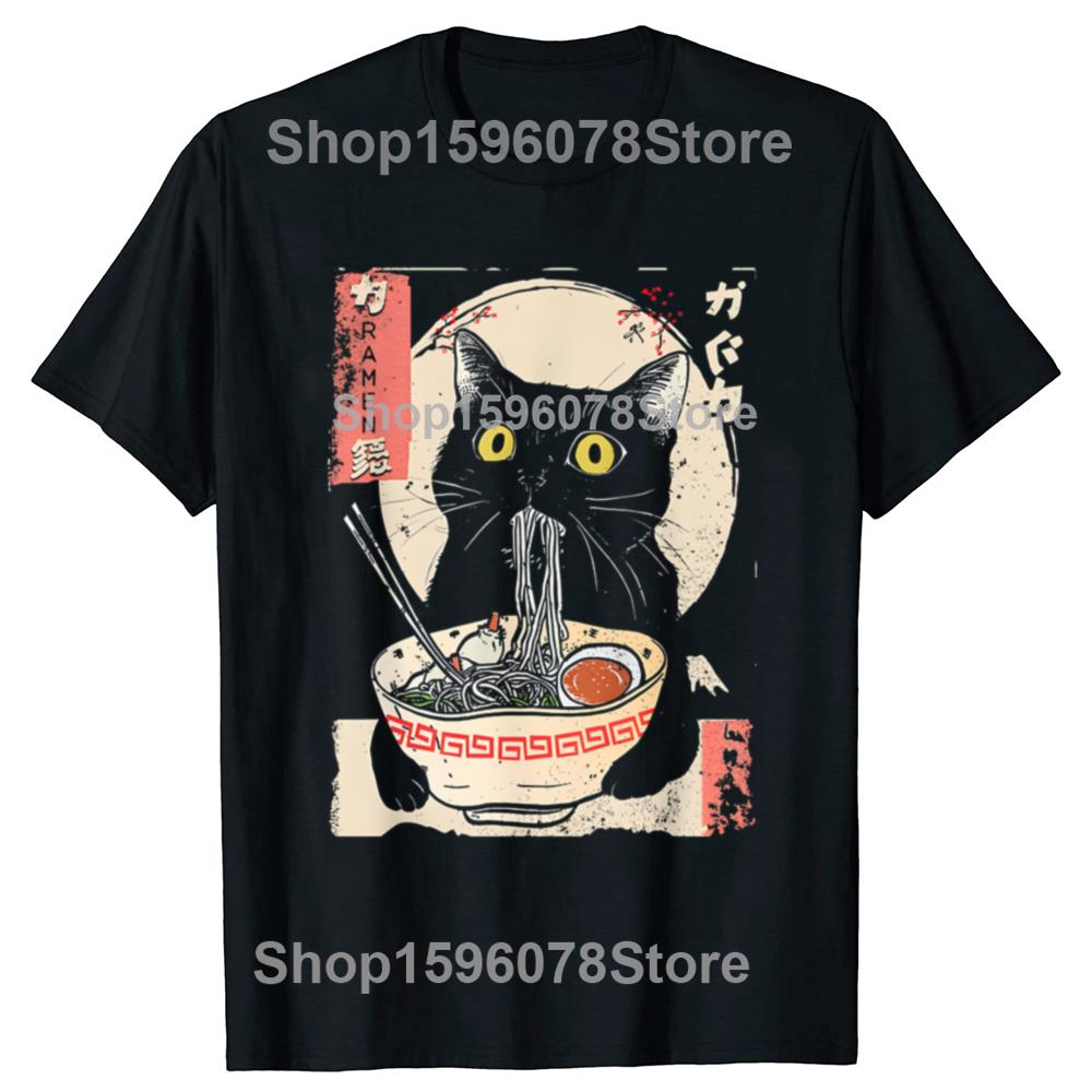 Kawaii Cat Eating Ramen Noodles Funny Anime Tshirts Men Fashion Print Tshirt Loose Oversized Streetwear Hip Hop Unisex T Shirt