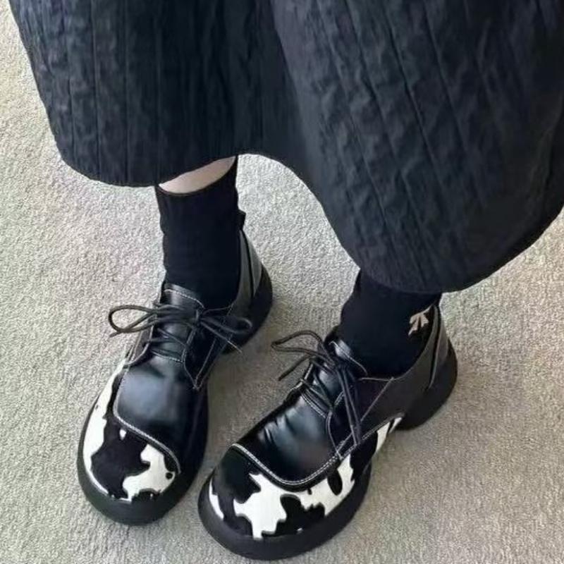 Fashion British Style Leopard Print Thick Bottom Leather Shoe Women Fashion Stitching Lace Up Design Loafers Haussures Femme Confortable