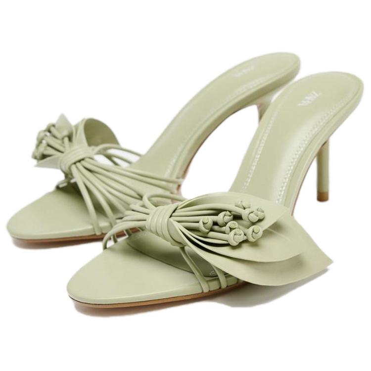 ZARA Fashionable Comfortable Floral Decorated High Heel Slide Sandals Women sandals Green 11310610069