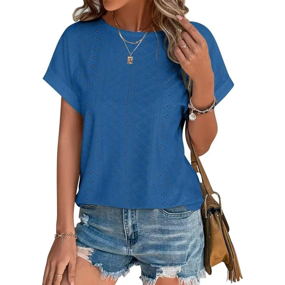 Top Eyelets Summer Spring Curved Hem, Casual Women's Short Sleeved Fashionable T-shirt Beach Vacation Short Style