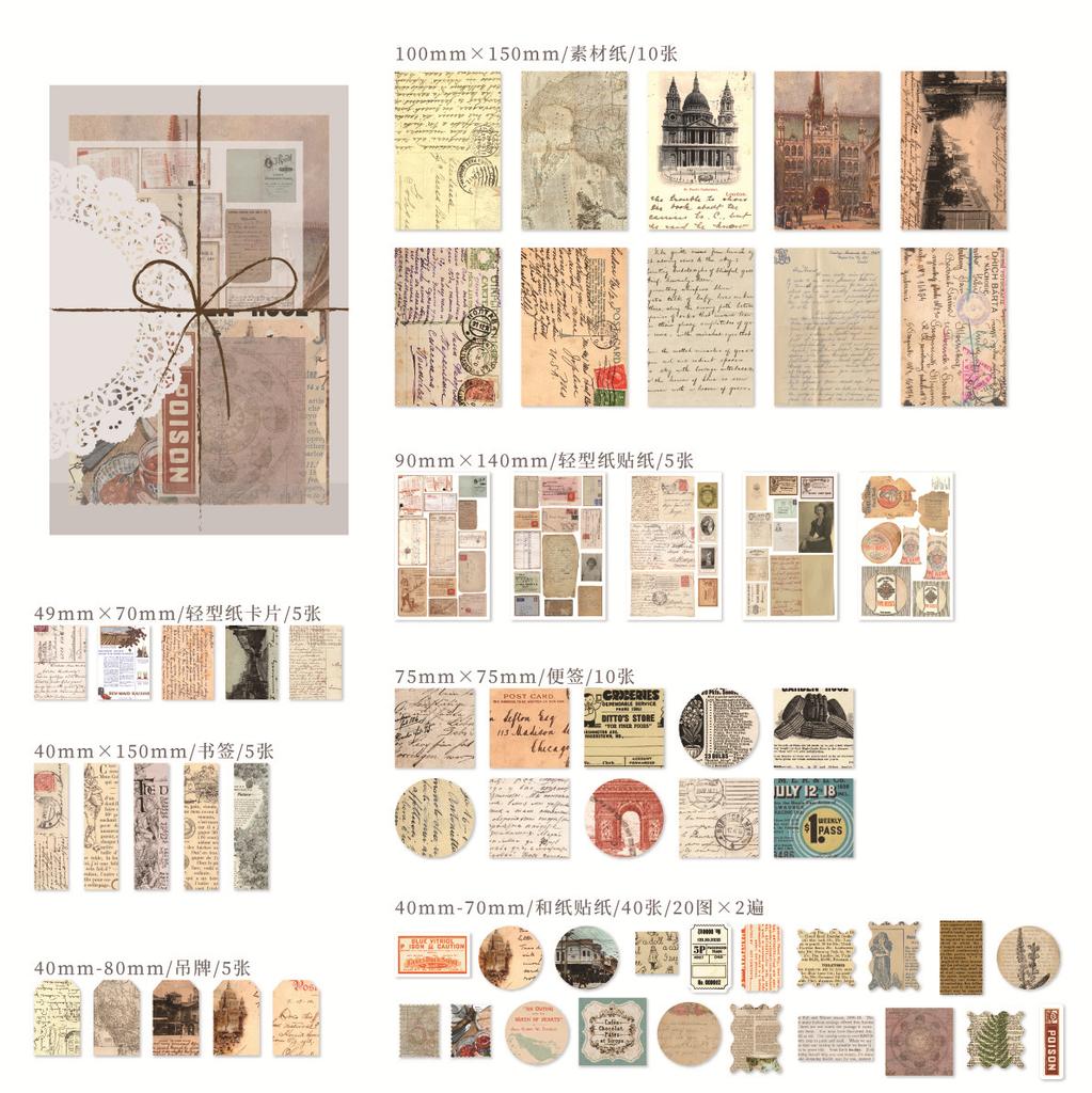 83Pcs Retro DIY Decoration Material Pack (Stickers + Material Paper), Vintage Floral/Clock Pattern, for Journal Scrapbooking
